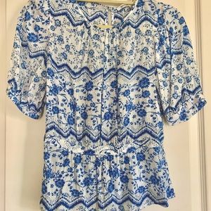 Vivi Blue Floral Balloon Shoulder Blouse